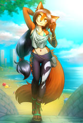 Size: 1695x2500 | Tagged: safe, artist:abluedeer, oc, oc only, oc:zoana (abluedeer), canine, fox, mammal, anthro, beach, belly button, bikini, black hair, bottomwear, bracelet, city, clothes, crop top, female, food, fur, hair, ice cream, ice cream cone, jewelry, midriff, multicolored fur, necklace, ocean, orange body, orange fur, pants, ponytail, shirt, solo, solo female, swimsuit, tongue, tongue out, topwear, vixen, water, white body, white fur, yellow eyes
