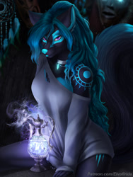Size: 750x1000 | Tagged: safe, artist:elvofirida, oc, oc only, oc:freya (zionsangel), canine, mammal, wolf, anthro, black body, body markings, breasts, cleavage, clothes, collar, crystal, dream catcher, ear fluff, ears, female, fingers, fluff, fur, hair, hands, long hair, long tail, looking at you, magic, multicolored hair, pendant, purple eyes, sitting, solo, solo female, tail, teal body, teal hair, two toned body, two toned hair