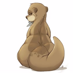 Size: 2500x2500 | Tagged: suggestive, artist:louart, fish, mammal, mustelid, otter, semi-anthro, ambiguous gender, big butt, butt, high res, holding, looking back, mouth hold, sitting, solo, solo ambiguous, tail