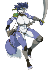 Size: 883x1250 | Tagged: suggestive, artist:yawg, krystal (star fox), canine, fox, mammal, anthro, nintendo, star fox, 2021, 4 toes, abs, arm wraps, belly button, blue body, blue eyes, blue fur, blue hair, bra, breast fluff, breasts, butt, cheek fluff, clothes, dipstick tail, ear piercing, eyebrows, eyelashes, fangs, female, fingerless gloves, fluff, fur, gloves, green eyes, gun, hair, head jewelry, jewelry, knee pads, leg fluff, looking at you, midriff, muscles, open mouth, panties, piercing, pirate, sharp teeth, short hair, shoulder fluff, shoulder pads, signature, simple background, skimpy, solo, solo female, sword, tail, tail fluff, tail wraps, teeth, tongue, transparent background, tribal markings, underass, underwear, vixen, weapon, white body, white fur, wraps