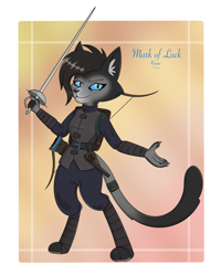 Size: 1905x2380 | Tagged: safe, artist:dyonys, oc, oc:mark of luck, cat, feline, fictional species, mammal, tabaxi, anthro, digitigrade anthro, dungeons & dragons, armor, arrows, bow, claws, rapier, rogue, smiling, standing, sword, tail, weapon, whiskers