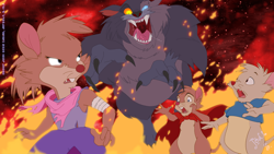 Size: 1280x720 | Tagged: safe, artist:jodi-seer, martin brisby (the secret of nimh), mrs. brisby (the secret of nimh), teresa brisby (the secret of nimh), cat, feline, mammal, mouse, rodent, feral, semi-anthro, sullivan bluth studios, the secret of nimh, 2004, 2d, dragon (the secret of nimh), female, group, male