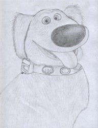 Size: 984x1280 | Tagged: safe, artist:ardilla, dug (up), canine, dog, golden retriever, mammal, feral, disney, pixar, up (movie), 2d, front view, looking at you, male, monochrome, panting, solo, solo male, three-quarter view, tongue, tongue out, traditional art