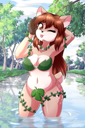 Size: 854x1280 | Tagged: suggestive, artist:alfa995, oc, oc only, oc:doe (alfa995), cervid, deer, mammal, anthro, 2017, belly button, bikini, breasts, brown eyes, cleavage, clothes, doe, female, forest, heart, heart eyes, leaf, looking at you, one eye closed, outdoors, partially submerged, raspberry, short tail, slightly chubby, solo, solo female, swimsuit, tail, tongue, tongue out, vines, water, wingding eyes, winking