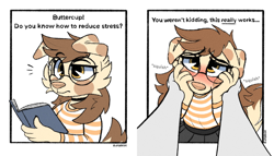 Size: 1700x972 | Tagged: safe, artist:jayrnski, oc, oc only, oc:buttercup (jayrnski), canine, dog, mammal, anthro, blush lines, blushing, bottomwear, brown hair, cheek squish, clothes, collar, confused, cute, dialogue, duo, eyewear, face squish, female, flustered, fur, glasses, hair, hand on cheek, holding object, looking at you, meganekko, offscreen character, question, question mark, round glasses, simple background, skirt, solo focus, spotted fur, striped clothes, striped shirt, talking, tan body, tan fur, text, white background, yellow eyes