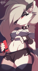Size: 534x1000 | Tagged: safe, artist:wildblur, loona (vivzmind), canine, fictional species, hellhound, mammal, anthro, cc by-nc, creative commons, hazbin hotel, helluva boss, 2021, belly button, black nose, bottomwear, breasts, cell phone, clothes, collar, colored sclera, crop top, ear fluff, ear piercing, eyebrows, eyelashes, eyeshadow, female, fingerless gloves, fluff, fur, gloves, gray body, gray fur, hair, hair over one eye, legwear, long hair, makeup, multicolored fur, phone, piercing, red sclera, shadow, shoulder fluff, smartphone, solo, solo female, spiked collar, tail, thigh highs, topwear, white body, white eyes, white fur, white hair
