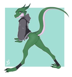 Size: 981x1056 | Tagged: suggestive, artist:waga, fictional species, kobold, reptile, anthro, ambiguous gender, bottomless, butt, claws, clothes, fangs, green body, hoodie, horns, nudity, partial nudity, purple eyes, raised tail, reptile feet, sharp teeth, side view, signature, solo, solo ambiguous, tail, teeth, topwear
