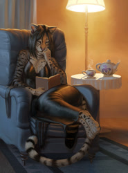 Size: 666x900 | Tagged: safe, artist:hibbary, big cat, feline, leopard, mammal, anthro, black hair, book, bottomwear, clothes, couch, dress, drink, ears, female, fur, hair, indoors, paws, reading, saucer, sitting, solo, solo female, spots, spotted fur, tail, tea, teacup, teapot, white body, white fur
