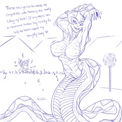 Size: 1200x1200 | Tagged: safe, artist:plague of gripes, fictional species, reptile, snake, viper (x-com), anthro, naga, cc by-nc, creative commons, x-com, 2016, breasts, duo, featureless breasts, female, hiding, line art, monochrome, simple background, tail, white background