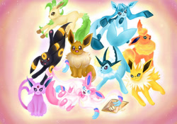 Size: 1280x894 | Tagged: safe, artist:moonninetales, eevee, eeveelution, espeon, fictional species, flareon, glaceon, jolteon, leafeon, mammal, sylveon, umbreon, vaporeon, nintendo, pokémon, 2021, ambiguous gender, ambiguous only, group, looking at you, pink background, simple background, smiling