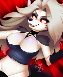 Size: 2222x2700 | Tagged: suggestive, artist:puribonbon, loona (vivzmind), canine, fictional species, hellhound, mammal, anthro, cc by-nc-nd, creative commons, hazbin hotel, helluva boss, 2019, armpits, big breasts, black body, black fur, black nose, bottomwear, breasts, clothes, colored sclera, crop top, digital art, ears, female, fluff, fur, gloves, hair, high res, looking at you, open mouth, pinup, red sclera, sexy, shoulder fluff, silver eyes, solo, solo female, tail, topwear, white body, white fur, white hair
