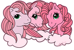 Size: 1028x702 | Tagged: safe, artist:muhammad yunus, aelita (code lyoko), earth pony, equine, fictional species, mammal, pony, ambiguous form, code lyoko, hasbro, my little pony, my little pony (g1), my little pony g3, base used, cloud, crossover, female, females only, feralized, furrified, green eyes, hair, looking at you, mare, my little pony (g2), pink, pink body, pink hair, ponified, simple background, smiling, species swap, transparent background, trio, trio female
