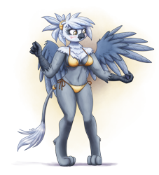 Size: 2270x2500 | Tagged: suggestive, artist:king-kakapo, oc, oc only, bird, feline, fictional species, gryphon, mammal, anthro, digitigrade anthro, friendship is magic, hasbro, my little pony, amber eyes, anthrofied, beak, belly button, bikini, blue feathers, blushing, breasts, cheek fluff, cleavage, clothes, commission, eyebrows, eyelashes, feathered wings, feathers, female, fluff, fur, gray body, gray fur, high res, hip fluff, jewelry, side-tie bikini, simple background, solo, solo female, spread wings, standing, swimsuit, tail, tail jewelry, tail ring, tail tuft, transparent background, wing fluff, wings, yellow swimsuit