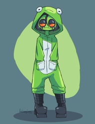 Size: 919x1200 | Tagged: safe, artist:onegrumpylumpy, oc, oc only, oc:mildew (onegrumpylumpy), amphibian, frog, anthro, plantigrade anthro, abstract background, black hair, black skin, boots, clothes, colored sclera, costume, female, frowning, green skin, hair, kigurumi, long sleeves, looking sideways, orange sclera, shoes, signature, skin, sleeves past hands, solo, solo female