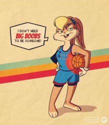 Size: 2463x2815 | Tagged: safe, artist:fox-popvli, lola bunny (looney tunes), lagomorph, mammal, rabbit, anthro, plantigrade anthro, looney tunes, space jam, space jam: a new legacy, warner brothers, abstract background, ball, barefoot, basketball, blonde hair, bottomwear, buckteeth, cheek fluff, clothes, dialogue, female, fluff, fur, gloves, green eyes, hair, hand on hip, high res, holding object, scrunchie, shorts, solo, solo female, speech bubble, talking, talking to viewer, tan body, tan fur, tank top, teeth, text, topwear, uniform, white body, white fur