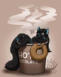 Size: 689x869 | Tagged: species needed, safe, artist:trezhurisland, anthro, 2011, black body, black fur, blue nose, cute, doughnut, drink, ear fluff, female, fluff, food, fur, gray eyes, hair, hot chocolate, long tail, open mouth, open smile, paw pads, paws, simple background, smiling, solo, solo female, tail, tail fluff