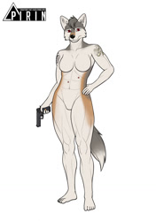Size: 902x1280 | Tagged: suggestive, artist:pirin-apex, oc, oc only, canine, dog, hybrid, mammal, wolf, wolfdog, anthro, plantigrade anthro, abs, barefoot, black nose, breasts, digital art, ears, eyelashes, featureless breasts, featureless crotch, feet, female, fur, gun, hair, hand on hip, handgun, looking at you, muscles, muscular female, simple background, solo, solo female, tail, tattoo, thighs, weapon, white background, wide hips