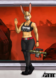 Size: 931x1280 | Tagged: safe, artist:pirin-apex, oc, oc only, lagomorph, mammal, rabbit, anthro, doom (game), 2020, abs, belly button, boots, bottomwear, breasts, buckteeth, clothes, digital art, eyelashes, female, fur, gun, hair, holding, jewelry, looking at you, muscles, necklace, open mouth, pants, pink nose, rifle, shirt, shoes, sniper rifle, solo, solo female, space, sports bra, tail, teeth, thighs, topwear, weapon, wide hips