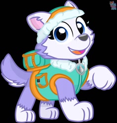 Size: 1212x1280 | Tagged: safe, artist:rainbow eevee, everest (paw patrol), canine, dog, husky, mammal, nordic sled dog, feral, nickelodeon, paw patrol, 2020, bag, beanie, black background, black nose, clothes, collar, digital art, ears, eyelashes, female, fur, hair, hat, looking at you, open mouth, simple background, solo, solo female, tail, tongue, topwear, vest