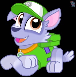 Size: 1262x1280 | Tagged: safe, artist:rainbow eevee, rocky (paw patrol), dog, mammal, mutt, feral, nickelodeon, paw patrol, 2020, bag, black background, black nose, cap, clothes, collar, digital art, ears, fur, hat, looking at you, male, open mouth, simple background, solo, solo male, tail, tongue, tongue out, topwear, vest