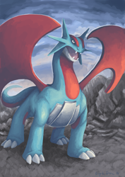 Size: 2059x2912 | Tagged: safe, artist:eagleironic, fictional species, salamence, nintendo, pokémon, 2014, ambiguous gender, blue body, cloud, cloudy, fangs, high res, majestic, paws, rock, sharp teeth, slit pupils, solo, solo ambiguous, tail, teeth, wings