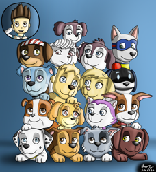 Size: 3000x3296 | Tagged: safe, artist:jocelynminions, apollo (paw patrol), arrby (paw patrol), baby mer-pup (paw patrol), chase (paw patrol), ella (paw patrol), everest (paw patrol), mama mer-pup (paw patrol), marshall (paw patrol), robodog (paw patrol), rocky (paw patrol), rubble (paw patrol), ryder (paw patrol), skye (paw patrol), sweetie (paw patrol), sylvia (paw patrol), tracker (paw patrol), tuck (paw patrol), zuma (paw patrol), bulldog, canine, chihuahua, cockapoo, dachshund, dalmatian, dog, german shepherd, golden retriever, human, husky, labrador, mammal, mutt, nordic sled dog, robot, terrier, feral, nickelodeon, paw patrol, 2019, bandanna, black nose, brother, brother and sister, clothes, collar, digital art, ears, eyelashes, female, fur, group, high res, looking aside, looking at each other, looking down, looking up, male, mask, paw pads, paws, pink nose, puppy, siblings, simple background, sister, spotted body, spotted fur, sweat, sweatdrop, twins, unamused, young