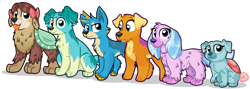 Size: 2674x955 | Tagged: safe, artist:rainbow eevee, gallus (mlp), ocellus (mlp), sandbar (mlp), silverstream (mlp), smolder (mlp), yona (mlp), border collie, canine, cocker spaniel, collie, dog, german shepherd, mammal, pug, spaniel, terrier, feral, cc by-nc, creative commons, friendship is magic, hasbro, my little pony, adorkable, beanbrows, blue outline, brown outline, cheek fluff, colored outline, cute, dogified, ear fluff, feralized, flat colors, floppy ears, fluff, furrified, green outline, looking at you, orange outline, purple outline, simple background, species swap, teal outline, transparent background, vector