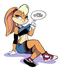 Size: 650x781 | Tagged: safe, artist:gallystudio, lola bunny (looney tunes), lagomorph, mammal, rabbit, anthro, plantigrade anthro, looney tunes, space jam, space jam: a new legacy, warner brothers, blue eyes, bottomwear, bra, clothes, crop top, dialogue, female, floppy ears, gloves, looking at you, shirt, shirt lift, shorts, sneakers, solo, solo female, sports bra, talking, tank top, topwear, underwear