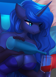 Size: 574x780 | Tagged: safe, artist:margony, princess luna (mlp), alicorn, equine, fictional species, mammal, pony, anthro, friendship is magic, hasbro, my little pony, alcohol, anthrofied, big breasts, breasts, cleavage, clothes, dress, drink, evening gloves, female, gloves, green eyes, long gloves, red wine, smiling, solo, solo female, wine