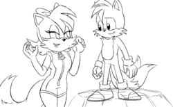 Size: 450x277 | Tagged: safe, artist:chauvels, fiona fox (sonic), miles "tails" prower (sonic), canine, fox, mammal, red fox, anthro, plantigrade anthro, archie sonic the hedgehog, cc by-nc-sa, creative commons, sega, sonic the hedgehog (series), 2015, 2d, 2d animation, animated, anthro/anthro, dipstick tail, duo, falling, female, fluff, frame by frame, funny kiss, gif, kiss on the cheek, kiss on the nose, kissing, low res, male, male/female, monochrome, multiple tails, orange tail, tail, tail fluff, tailiona (sonic), two tails, vixen, white tail