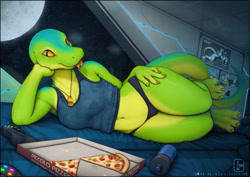 Size: 850x601 | Tagged: suggestive, alternate version, artist:vader-san, gecko, lizard, reptile, anthro, 2020, 4 fingers, belly button, blep, breasts, clothes, detailed background, female, fingers, food, forked tongue, game controller, green body, green scales, looking at you, lying down, moon, on side, panties, pizza, scales, shirt, slit pupils, solo, solo female, space, stars, text, tongue, tongue out, topwear, underwear, vehicle