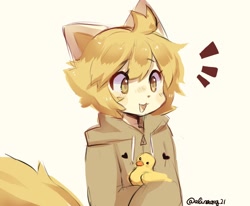 Size: 1860x1534 | Tagged: safe, artist:alinaacg, oc, oc only, oc:allie (allie), bird, cat, duck, feline, mammal, waterfowl, anthro, feral, ambiguous gender, blonde hair, clothes, female, hair, holding character, hoodie, open mouth, open smile, signature, simple background, smiling, topwear, white background, yellow eyes