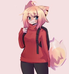 Size: 1885x2041 | Tagged: safe, artist:alinaacg, oc, oc only, canine, fox, mammal, anthro, :3, ahoge, backpack, blonde hair, blue eyes, bottomwear, clothes, dipstick tail, female, fur, glasses, hair, looking sideways, meganekko, orange body, orange fur, pants, round glasses, simple background, smiling, solo, solo female, sweater, tail, topwear, vixen, white background, white body, white fur