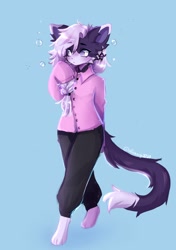 Size: 1438x2048 | Tagged: safe, artist:alinaacg, oc, oc only, cat, feline, mammal, anthro, digitigrade anthro, barefoot, black body, black fur, blue background, bottomwear, braid, bubbles, cheek fluff, clothes, colored pupils, colored sclera, commission, dipstick ears, dipstick tail, ear piercing, earring, female, fluff, fur, hair, looking sideways, pants, piercing, purple sclera, shirt, signature, simple background, sleeves past hands, solo, solo female, tail, topwear, white body, white fur, white hair, white pupils