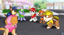 Size: 1193x670 | Tagged: safe, artist:rainbow eevee, chase (paw patrol), marshall (paw patrol), rocky (paw patrol), rubble (paw patrol), skye (paw patrol), zuma (paw patrol), bulldog, canine, cockapoo, dalmatian, dog, english bulldog, german shepherd, labrador, mammal, mutt, feral, nickelodeon, paw patrol, female, happy, looking up, male, mix breed, multiple characters, open mouth, smiling