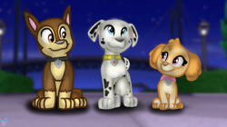 Size: 1524x855 | Tagged: safe, artist:rainbow eevee, chase (paw patrol), marshall (paw patrol), skye (paw patrol), canine, cockapoo, dalmatian, dog, german shepherd, mammal, feral, nickelodeon, paw patrol, cute, female, looking at each other, looking up, male, night, night sky, sitting, sky, smiling