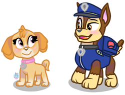 Size: 1023x781 | Tagged: safe, artist:rainbow eevee, chase (paw patrol), skye (paw patrol), canine, cockapoo, dog, german shepherd, mammal, feral, nickelodeon, paw patrol, blushing, clothes, cute, duo, female, lidded eyes, looking at each other, male, male/female, open mouth, police uniform, shipping, simple background, skyechase (paw patrol), smiling, transparent background, vector