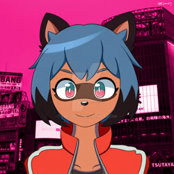 Size: 1920x1920 | Tagged: safe, artist:rex100, michiru kagemori (bna), canine, mammal, raccoon dog, anthro, bna: brand new animal, 2020, black nose, bust, clothes, deviantart watermark, digital art, ears, eyelashes, female, fur, hair, jacket, looking at you, mask (facial marking), multicolored eyes, obtrusive watermark, portrait, shirt, solo, solo female, tail, topwear, two toned eyes, watermark