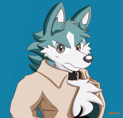 Size: 2600x2500 | Tagged: safe, artist:rex100, shirou ogami (bna), canine, mammal, wolf, anthro, bna: brand new animal, 2020, black nose, bust, chest fluff, clothes, collar, digital art, ear fluff, ears, fluff, fur, hair, high res, jacket, looking at you, male, mask (facial marking), portrait, shirt, simple background, solo, solo male, three-quarter view, topwear