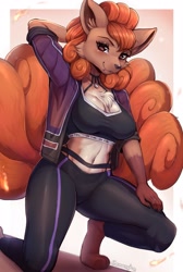 Size: 1679x2500 | Tagged: safe, artist:evomanaphy, fictional species, mammal, vulpix, anthro, nintendo, pokémon, 2021, belly button, border, bottomwear, breasts, brown body, brown eyes, brown fur, clothes, digital art, ears, female, fluff, fur, hair, looking at you, midriff, multiple tails, neck fluff, pants, paws, red hair, solo, solo female, tail, tan body, tan fur, tank top, topwear, white border