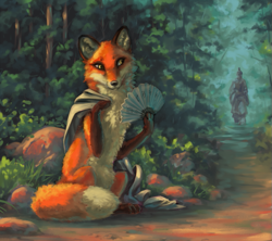Size: 861x766 | Tagged: safe, artist:choedan-kal, canine, fox, human, mammal, feral, black nose, cloak, female, fluff, forest, fur, grass, hand fan, looking aside, orange body, orange fur, paws, plant, sitting, solo, solo female, tail, tail fluff, tree, whiskers, yellow eyes