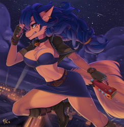 Size: 1164x1196 | Tagged: safe, artist:fluff-kevlar, carmelita fox (sly cooper), canine, fox, mammal, anthro, sly cooper (series), 2019, belly button, belt, blue hair, boots, bottomwear, breasts, brown eyes, cleavage, clothes, collar, crop top, ear fluff, ear piercing, ears, eyebrows, eyelashes, female, fingerless gloves, fluff, fur, gloves, gritted teeth, gun, hair, jacket, lipstick, long hair, makeup, night, piercing, shoes, skirt, solo, solo female, tail, teeth, thick thighs, thighs, topwear, vixen, weapon