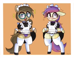 Size: 2500x1970 | Tagged: suggestive, artist:fullmetalpikmin, oc, oc only, oc:dawnsong, oc:evensong, earth pony, equine, fictional species, mammal, pegasus, pony, feral, hasbro, my little pony, bipedal, border, bottomwear, brown body, brown fur, brown hair, clothes, collar, duo, embarrassed, embarrassed underwear exposure, female, females only, fur, glasses, hair, legwear, maid, maid headdress, meganekko, multicolored hair, panties, pink hair, purple eyes, purple hair, skirt, skirt lift, thigh highs, two toned hair, underwear, upskirt, white border, yellow body, yellow fur
