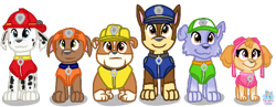 Size: 512x198 | Tagged: safe, artist:rainbow eevee, chase (paw patrol), marshall (paw patrol), rocky (paw patrol), rubble (paw patrol), skye (paw patrol), zuma (paw patrol), canine, cockapoo, dalmatian, dog, english bulldog, german shepherd, labrador, mammal, feral, nickelodeon, paw patrol, cute, determined, female, group, looking up, male, mix breed, simple background, smiling, team, transparent background, vector
