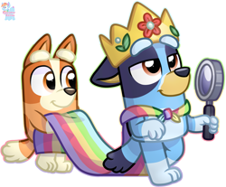 Size: 2195x1815 | Tagged: safe, artist:rainbow eevee, bingo heeler (bluey), bluey heeler (bluey), australian cattle dog, canine, dog, mammal, semi-anthro, bluey (series), 2d, bedroom eyes, blanket, crown, cute, duo, duo female, female, females only, grin, jewelry, magnifying glass, puppy, regalia, siblings, silly, simple background, sister, sisters, smiling, transparent background, vector, young