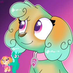 Size: 600x600 | Tagged: safe, artist:rainbow eevee, glitter drops (mlp), skye (paw patrol), canine, cockapoo, dog, equine, fictional species, mammal, pony, unicorn, feral, friendship is magic, hasbro, my little pony, nickelodeon, paw patrol, collar, crossover, cute, female, glitter drops, gradient background, looking up, smiling, transformation
