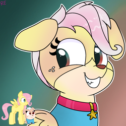 Size: 1250x1250 | Tagged: safe, artist:rainbow eevee, fluttershy (mlp), keia (puppy dog pals), canine, dog, equine, fictional species, mammal, pegasus, pony, disney, friendship is magic, hasbro, my little pony, puppy dog pals, clothes, collar, crossover, cute, female, freckles, gradient background, looking down, puppy, smiling, sweater, topwear, transformation, young