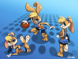 Size: 3884x2948 | Tagged: safe, artist:siroc, lola bunny (looney tunes), lagomorph, mammal, rabbit, anthro, looney tunes, space jam, space jam: a new legacy, warner brothers, ball, barefoot, basketball, basketball uniform, belly button, blonde hair, bottomwear, clothes, compression shorts, dribbling, ear wrap, feet, female, fur, gloves, hair, high res, multicolored fur, orange body, orange fur, shorts, solo, solo female, tank top, teal eyes, topwear, two toned body, two toned fur, underfoot