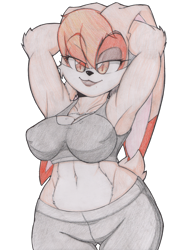 Size: 850x1170 | Tagged: safe, artist:random gloves, vanilla the rabbit (sonic), lagomorph, mammal, rabbit, anthro, sega, sonic the hedgehog (series), 2021, belly button, clothes, crop top, female, mature, mature female, midriff, nipple outline, simple background, solo, sports bra, topwear, traditional art, transparent background