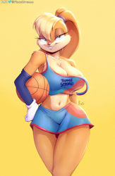 Size: 1000x1534 | Tagged: suggestive, artist:viejillox, lola bunny (looney tunes), lagomorph, mammal, rabbit, anthro, looney tunes, space jam, space jam: a new legacy, warner brothers, 2021, abstract background, ball, basketball, bedroom eyes, belly button, big breasts, blonde hair, bottomwear, breasts, brown body, brown fur, buckteeth, cheek fluff, cleavage, clothes, crop top, eyelashes, female, fluff, fur, glistening hair, hair, long ears, looking at you, midriff, pale belly, shorts, shoulder fluff, simple background, smiling, smiling at you, solo, solo female, tan body, tan fur, tank top, teal eyes, teeth, topwear, wide hips, yellow background